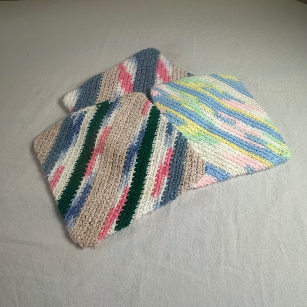 Handmade Crochet Pot Holders Set of 3 Diagonal Striped Cotton Trivets Multi